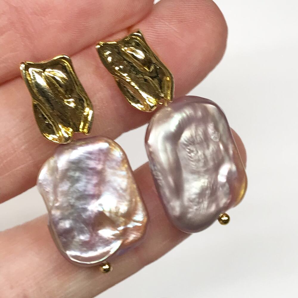 Gold Plated 925 Sterling Silver Lavender Square Coin Baroque Pearl Drop Earrings - Picture 8 of 11